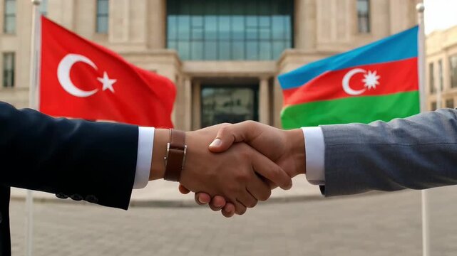 handshake of representatives of turkey and azerbaijan against the background of state flags and the ministry building, a symbol of diplomatic partnership and cooperation between the countries.