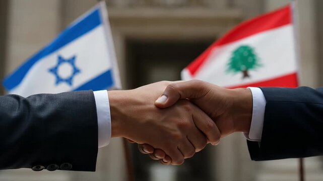 handshake of representatives of israel and lebanon outdoors on the background of flags. a symbol of hope for peaceful coexistence, diplomatic dialogue and an end to the confrontation.