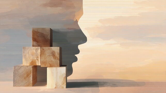 Pastel silhouette with ADHD blocks: a calm illustration of focus and attention in the mind