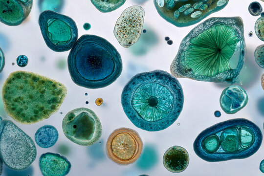 Diverse colorful microscopic plankton organisms floating in water displaying unique textures and intricate internal structures in a scientific close-up view