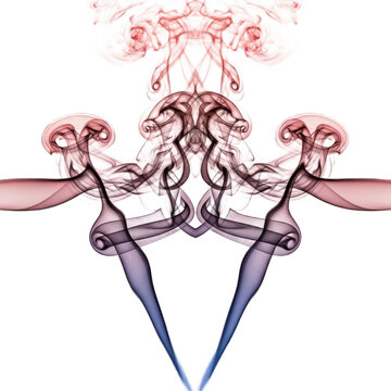 Symmetrical, ethereal smoke plumes in red and blue