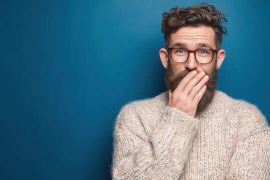 Moody portrait of a thoughtful man in a knit sweater whispering a secret