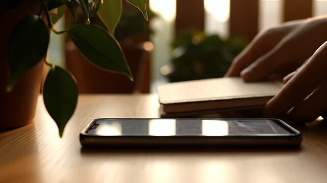 Smartphone on wooden table indoors.