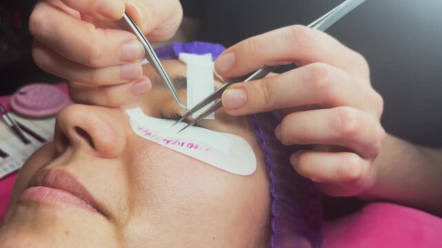 Professional eyelash extension procedure in a beauty salon.