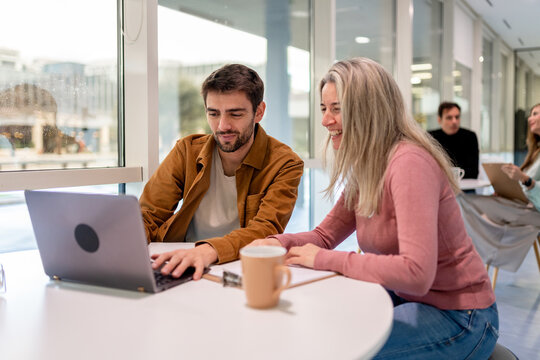 Coworking colleagues working together on laptop in office