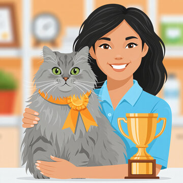 woman in a blue shirt holding a fluffy grey Persian or Siberian cat with vivid green eyes wearing an orange rosette award,