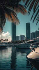 Fototapeta premium A scenic view of a marina with boats docked along the shore, surrounded by palm trees