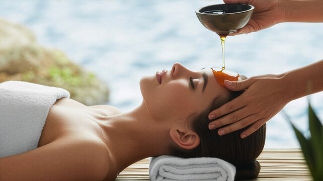 Woman enjoying shirodhara ayurvedic treatment with oil flowing on forehead in serene spa setting with ocean background.