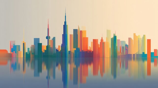 A vibrant, stylized city skyline with colorful, geometric buildings reflected in water