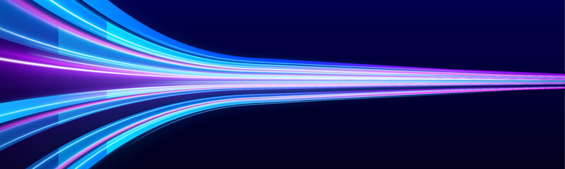 Glowing light lines stretch across a futuristic background, forming smooth horizontal paths of speed and motion. Subtle blur enhances depth and flow. A modern abstract illustration of digital data mov © IvanLi