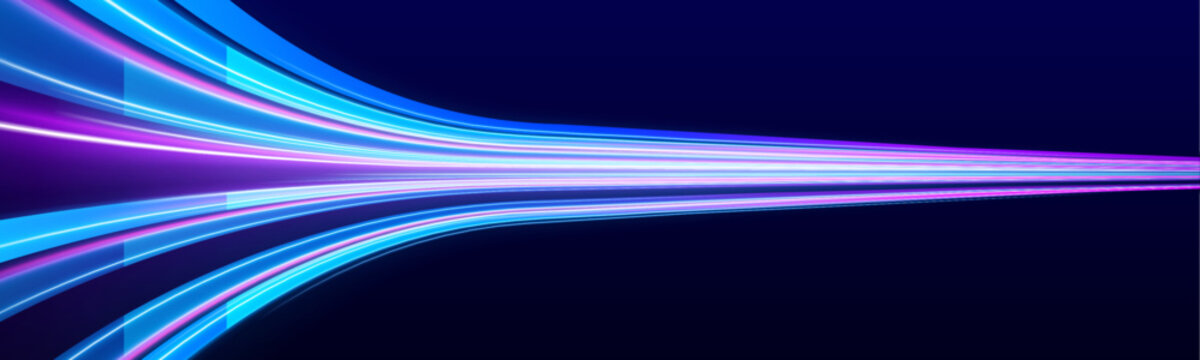 Glowing light lines stretch across a futuristic background, forming smooth horizontal paths of speed and motion. Subtle blur enhances depth and flow. A modern abstract illustration of digital data mov