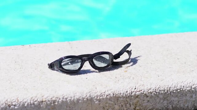 Swimming equipment on the edge of an outdoor pool on a sunny summer day. High quality FullHD footage