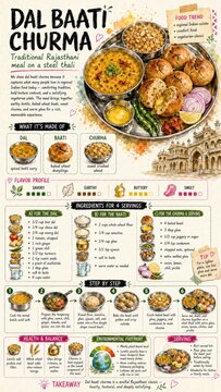 Dal baati churma Rajasthani meal infographic on steel thali