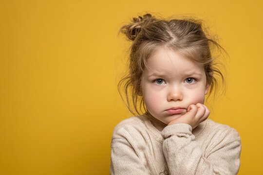 Unhappy child with a thoughtful gaze, hand under chin, against a vivid yellow backdrop