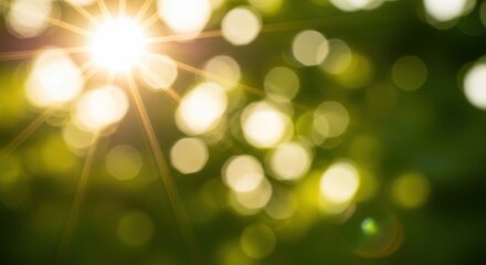 Obraz premium Golden Sunburst Through Green Bokeh Leaves, Summer Nature Background
