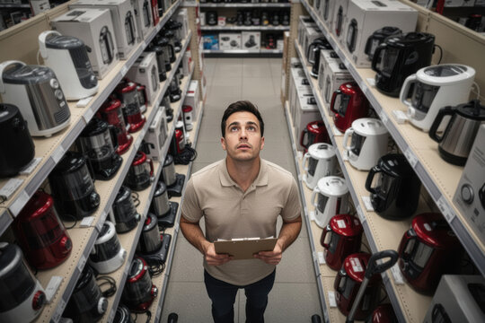 Man browsing kitchen appliances in narrow store aisle holding clipboard