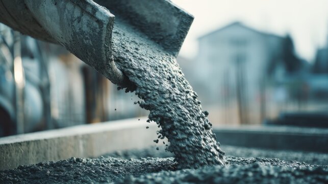 Flowing concrete mixture being poured from chute onto construction site foundation to prepare durable building base structure on a cloudy day
