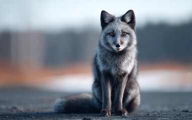 Fototapeta premium Fox Sitting Gracefully on Frosty Terrain with Thick Fur and Intense Eyes