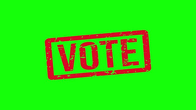 Red VOTE Rubber Stamp Animation with Grunge Texture on White and Green Screen. A red stamp with the word VOTE on a green background.