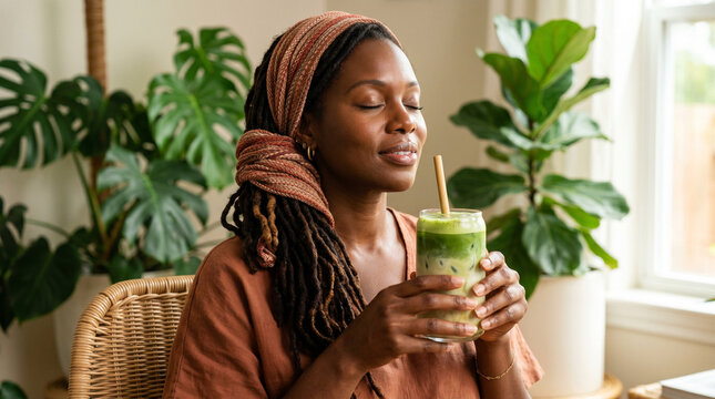 peaceful african american woman enjoying matcha latte in cozy plant-filled room