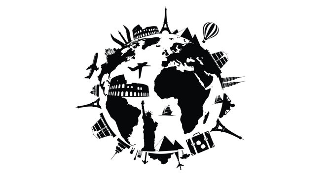 Black and white vector illustration of a globe surrounded by famous landmarks and travel symbols