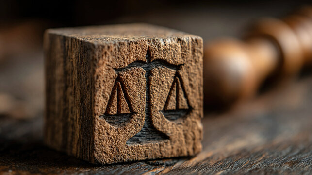 Wooden Cube with Scales of Justice on Table Representing Law, Ethics, and Moral Balance - Conceptual editorial image emphasizing fairness, justice, and ethical principles.