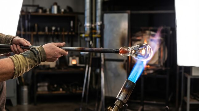 Glassblower hands rotating metal blowpipe while heating glowing molten glass with bright blue gas torch flame