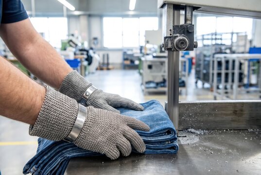 Textile factory worker wearing chainmail safety gloves pushing stack of denim jeans through industrial band saw blade