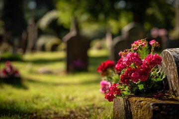 Fototapeta premium Peaceful headstones bathed in sunshine with bold red and pink blossoms