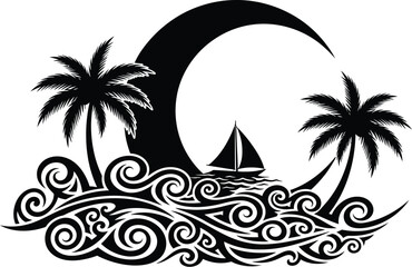 Fototapeta premium Tropical scene with palm trees sailboat and waves silhouette