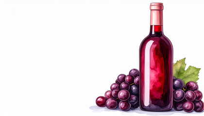 Naklejka premium Watercolor illustration of glass bottle with red wine, fresh grapes, hand-drawn aquarelle, isolated on white background, elegant natural beverage