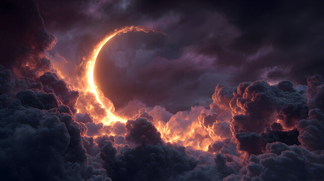 Eclipse fire crescent with blazing moon curve, shadow clouds and cinematic fantasy night