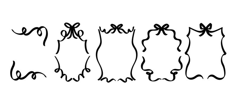 Doodle whimsical coquette frames and borders with bows . Hand drawn rectangle decorative borders for wedding invitation. Bachelorette party whimsical red frames with crayon texture.