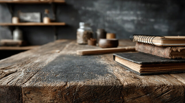 Wooden desk with blackboard in background, chalk, notebooks, and ruler neatly arranged, emphasizing classroom learning environment, traditional education, and student study setup