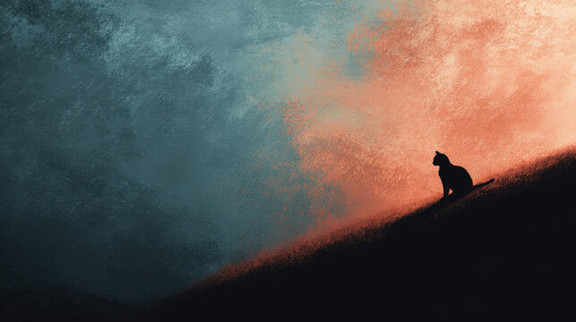 Silhouette of a cat sitting calmly on a sloping hill against a dramatic textured sky blending dark blue and warm orange hues at dusk or dawn