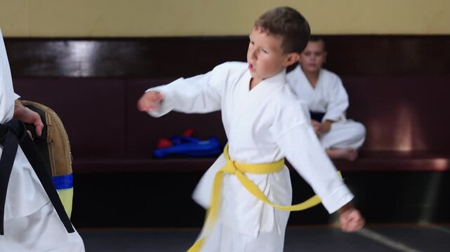 A little athlete kicks a machine in the hands of a trainer