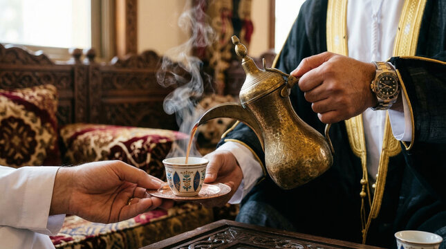 Hands pour Arabic coffee from a dallah into a finjan, with steam rising in warm light, showcasing Gulf hospitality and tradition.