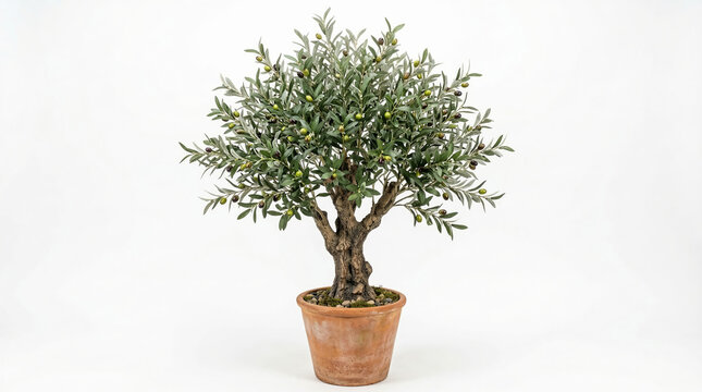 artificial olive tree in a terra cotta pot with realistic trunk and hundreds of detailed leaves, isolated on white
