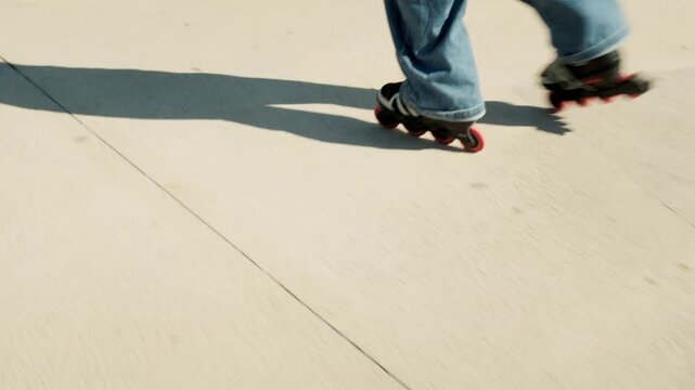 Gimbal tracking mid shot of wide jeans legs on red-wheeled inline skates gliding on sunny concrete. Long diagonal shadow, motion blur on surface. Dynamic urban active sport and summer freedom.
