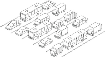 Fototapeta premium Isometric Illustration of Various Vehicles Including Buses, Trucks, and Cars for Traffic and Urban Planning Designs