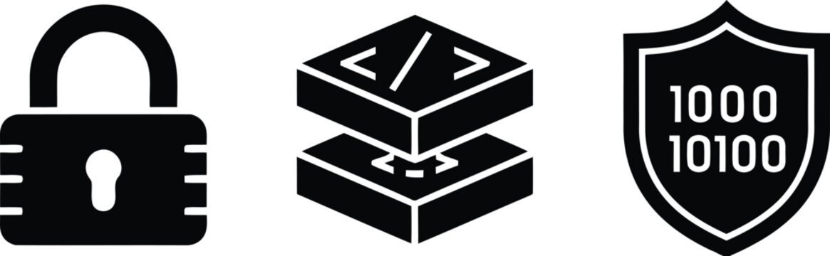 Black icons of lock, coding blocks, and shield with binary code