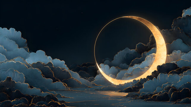 Luxury neon moonscape with glowing crescent, velvet clouds and dreamy cyan gold reflections
