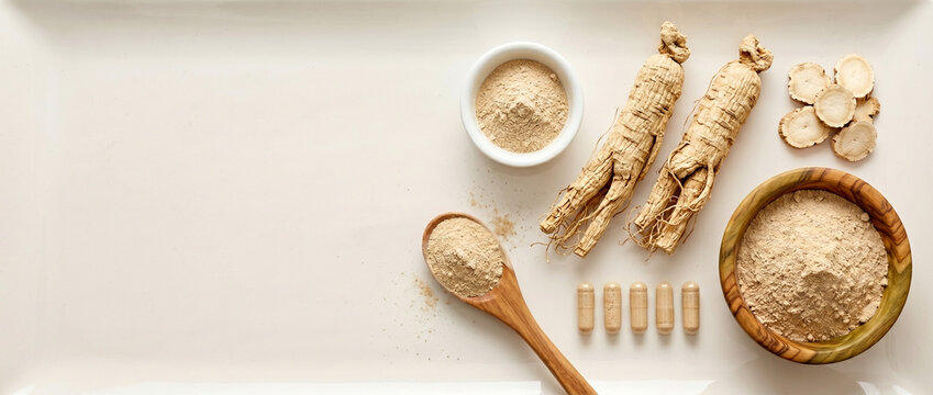 health benefits of ginseng root and powder with capsules on a clean white background