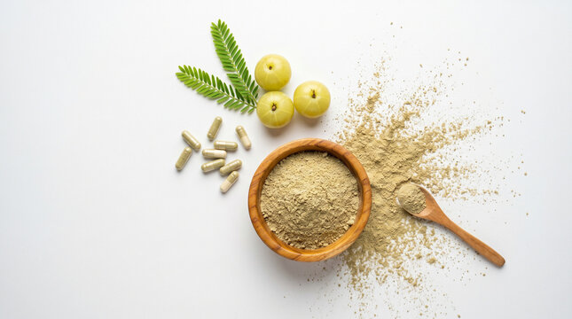 amla powder and capsules with fresh amla berries on white background for health and wellness