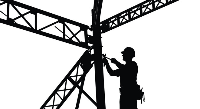 Silhouette of a construction worker tightening bolts on a large metal structure with a wrench tool