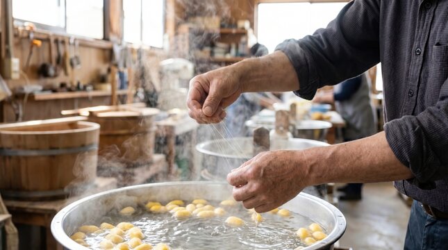 Artisan hands carefully extracting fine silk threads from a pot of boiling silkworm cocoons