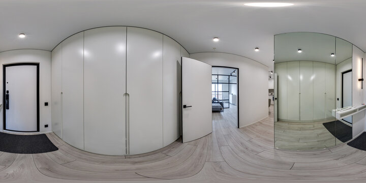 360 hdri panorama in corridor in interior of entrance hall of modern apartments in equrectangular projection