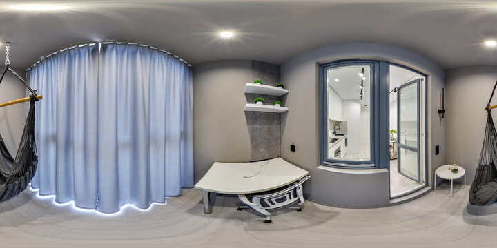 hdri 360 panorama view inside balcony or loggia with hanging swing and bar chairs in full seamless spherical equirectangular projection, ready for VR AR virtual reality content