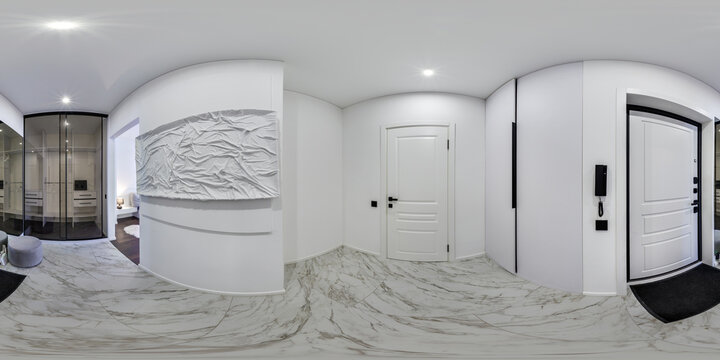 360 hdri panorama in corridor in interior of entrance hall of modern apartments in equrectangular projection