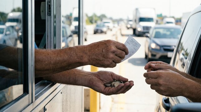 Driver exchanging coins and a printed receipt with a toll booth attendant through a car window